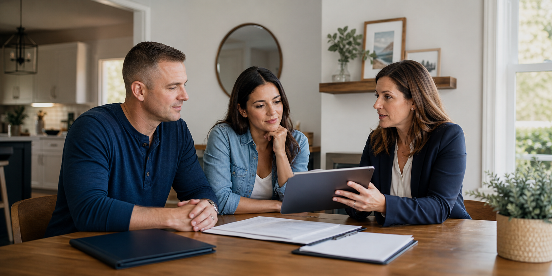 A Veteran homebuyer and spouse reviewing a VA mortgage plan with a Loan Officer