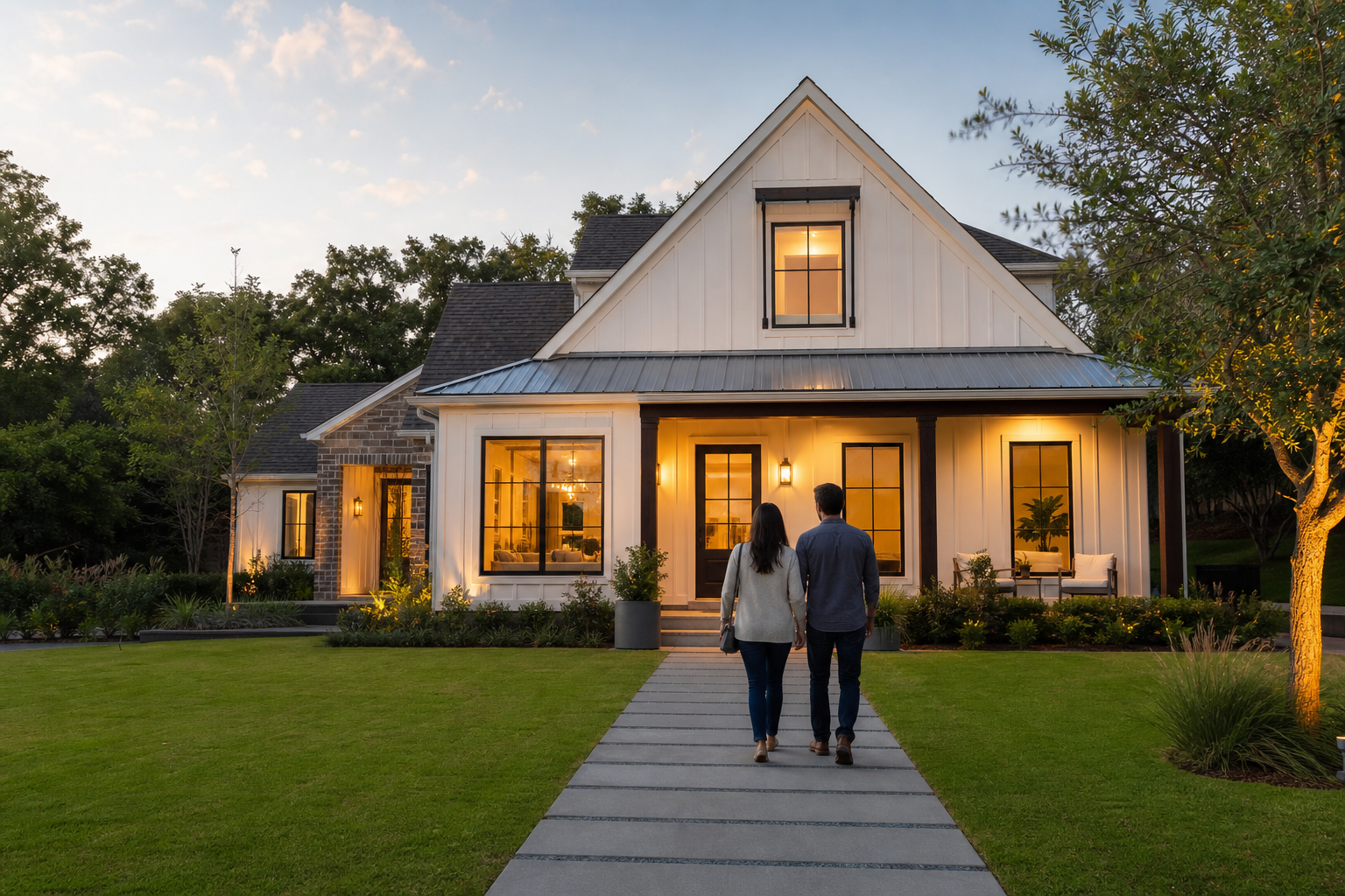 Homebuyers approaching a welcoming home